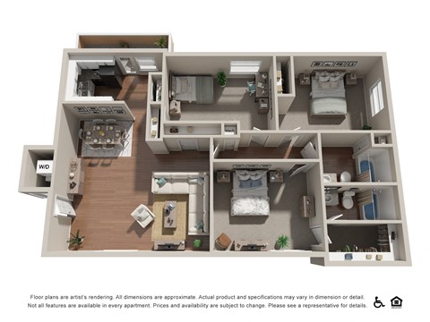 Floor plan for 3 beds, 2 baths, 1285 sqft